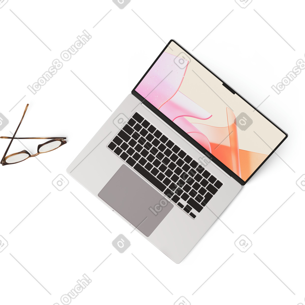 Иллюстрация Top view of laptop and glasses в стиле 3D Hygge — скачать в форматах PNG, SVG