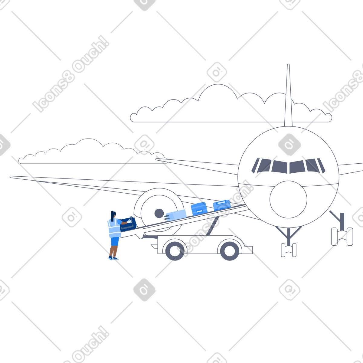 Urban 스타일의 Baggage handler loading suitcases onto plane, Airport operations and logistics 일러스트레이션 PNG, SVG 다운로드