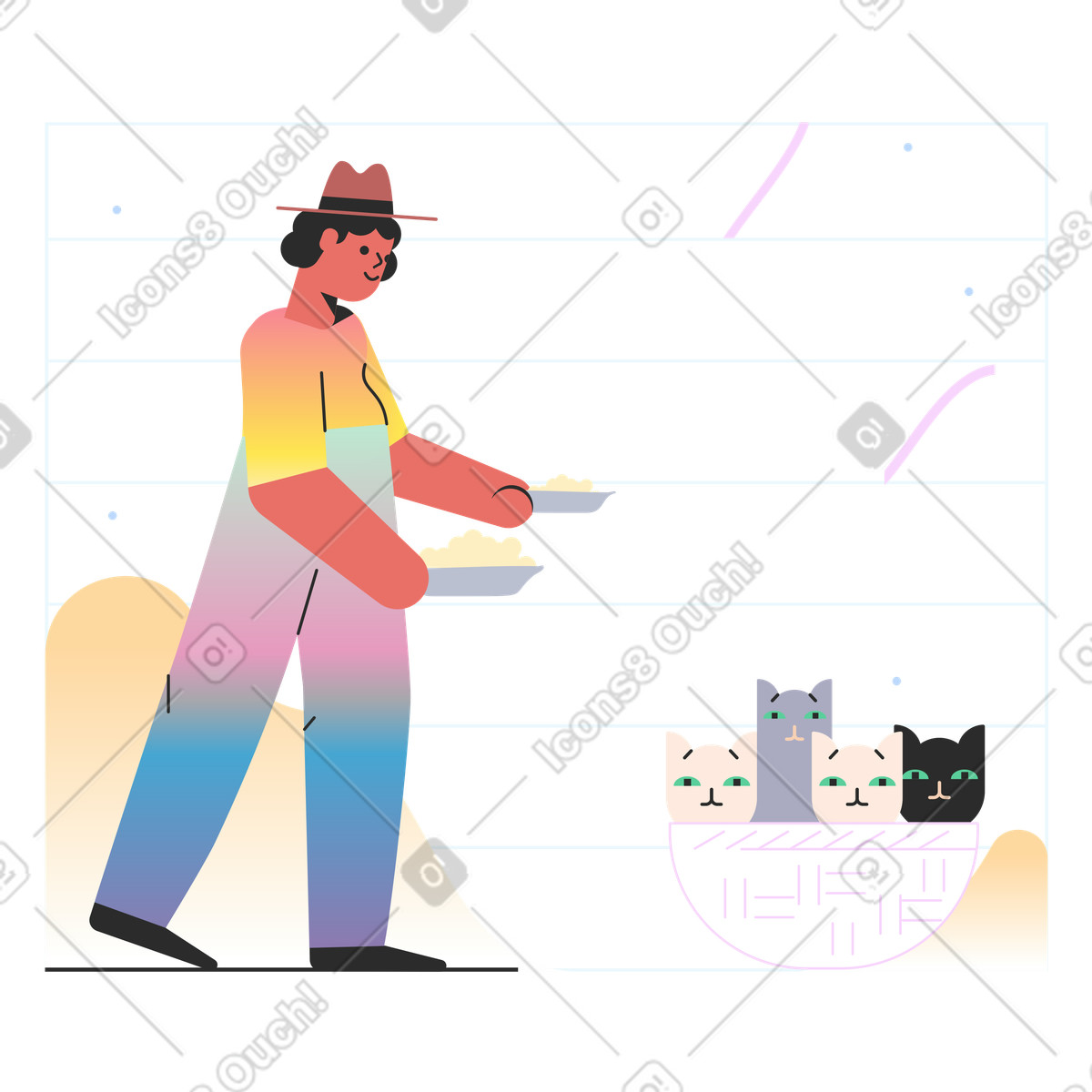 Illustration Une personne aimable qui nourrit les chats errants dans le style Marginalia à télécharger aux formats PNG, SVG