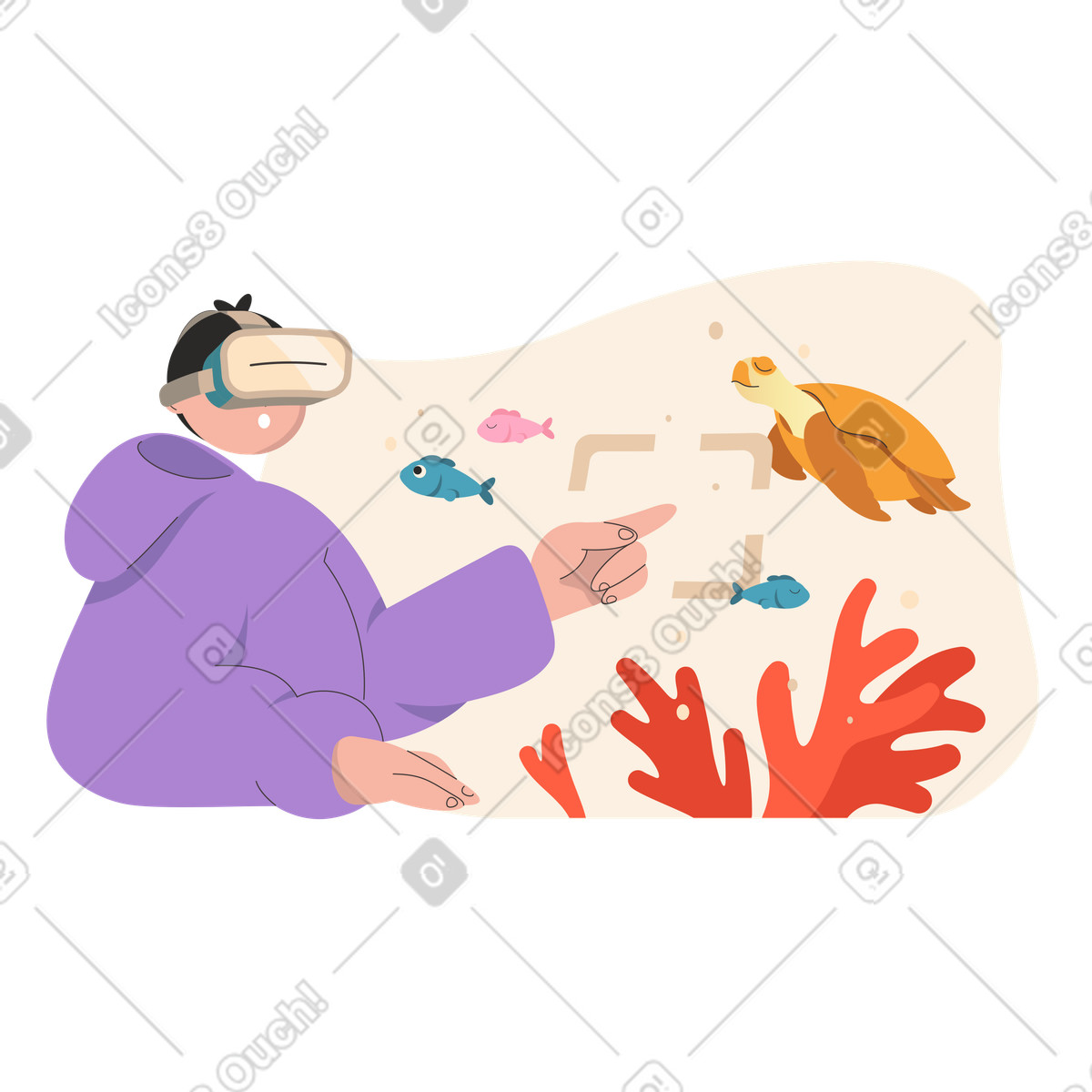 Man in virtual reality glasses sees turtle and fish illustration Dizzy style download PNG, SVG
