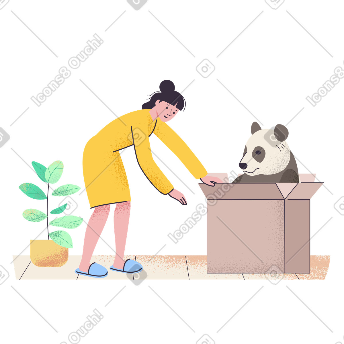 Woman opening an unexpected gift with panda illustration in Pale style download in PNG, SVG