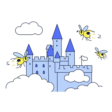 A group of small flies with glittery wings is flying around a fairy-tale castle. The castle is large, featuring tall spires and intricate architectural details. It is set amongst soft, fluffy clouds that appear white and puffy. The scene captures the delicate movement of the flies as they dart playfully around the castle. The sunlight glints off their wings, creating a sparkling effect in the air.
