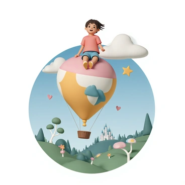A child, wearing a bright red shirt and blue shorts, is seated on a large, colorful gas balloon that is floating in the sky. The balloon is adorned with various patterns, including stars and hearts. Below the balloon, a lush green landscape unfolds, dotted with vibrant flowers and whimsical trees with twisted trunks. In the distance, a fairytale castle with tall spires can be seen against a clear blue sky. The child's hair is blowing in the wind, and they have a joyful expression as they look around, enjoying the view from above.