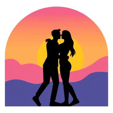 A silhouette of a couple embracing, standing closely together. The couple is positioned in front of a vibrant sunset, with the sun dipping low on the horizon. The sky is filled with shades of orange, pink, and purple. The outline of their bodies is highlighted against the colorful background, capturing the intimacy of the moment. The landscape features gentle hills in the distance, creating a serene atmosphere.