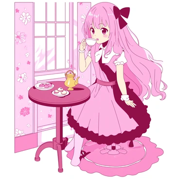 A pink anime girl with long, flowing hair is dressed in a colorful retro outfit, featuring a patterned blouse and a high-waisted skirt. She is sitting at a small round table, holding a delicate white teacup with both hands, taking a sip of tea. The room around her has vintage wallpaper adorned with floral patterns, and there is a soft, patterned rug on the wooden floor. A classic brass teapot and a small plate of assorted pastries sit on the table, adding to the nostalgic atmosphere. A tall window in the background lets in soft light, illuminating the intricate details of the room.