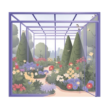A digital flat illustration depicting a lush garden viewed through a transparent glass ceiling. The garden is filled with a variety of vibrant green plants, colorful flowers in shades of red, yellow, and blue, and tall trees with rich foliage. Sunlight filters through the glass ceiling, casting gentle shadows on the garden floor. The glass panes are framed with sleek metallic edges, and a few small birds can be seen perched on the edges, adding life to the scene. The background features hints of a clear blue sky above the glass, creating a bright and inviting atmosphere.