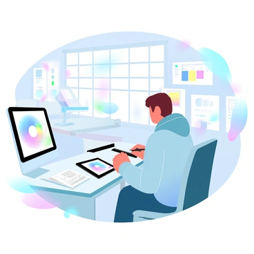 A student is sitting at a sleek workstation in a modern art lab, focused on creating a digital illustration using a tablet. The student has short hair and is wearing a comfortable hoodie. The tablet is positioned on the table, displaying vibrant colors and intricate designs. There are various art supplies scattered around, including markers and sketchbooks. The room is filled with large windows allowing natural light to flood in, and colorful abstract artwork hangs on the walls. A computer monitor is nearby, showing references and design software.