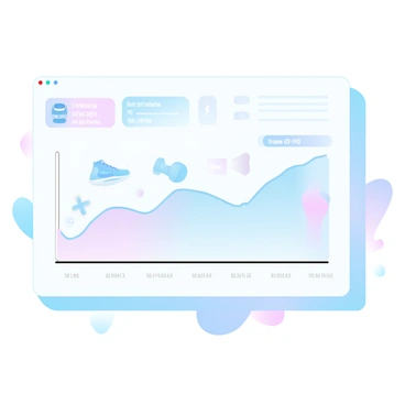 A motivational chart displays a person's fitness progress over time. The chart features multiple line graphs illustrating the increase in weight lifted and the decrease in body measurements. Various icons, such as a dumbbell, running shoe, and heart symbol, are positioned next to relevant sections of the graphs. The background is filled with gradient pastel colors, enhancing the overall presentation of the chart. Labels with motivational phrases like "Keep Going" and "Progress is Key" are incorporated into the design.