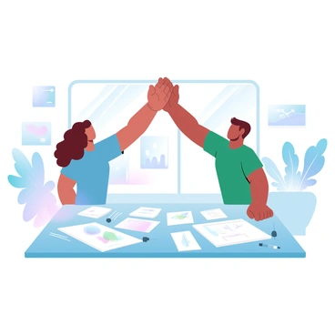 Two people are high-fiving above a large table covered with colorful sketches and design materials for an illustration project. One person has curly hair and is wearing a blue shirt, while the other person has straight hair and is dressed in a green shirt. The office is bright, with large windows letting in sunlight. On the walls, there are several vibrant art prints, and a plant is visible in the corner, adding a touch of greenery to the space.