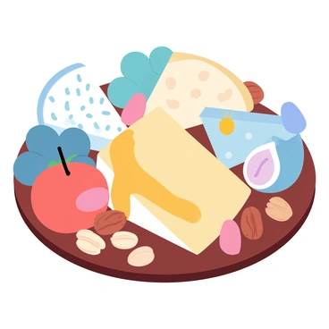 A close-up view of an assortment of cheeses displayed prominently on a wooden board. The cheeses vary in shape and texture, including slices of creamy brie, sharp cheddar, and crumbly blue cheese. Surrounding the cheeses are vibrant fruits such as plump grapes, juicy slices of apple, and ripe figs. Mixed nuts including almonds and walnuts are scattered among the cheeses and fruits, adding texture. Drizzling across the arrangement is golden honey, glistening in the light, enhancing the rich colors of the cheeses and fruits.