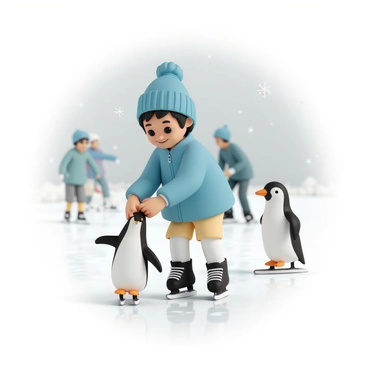A young skater, wearing a bright blue beanie and a matching winter jacket, is on a shimmering ice rink. They have on black ice skates and are holding onto a penguin-shaped skating aid for balance. The penguin is black and white with an orange beak and feet, standing upright on the ice. The skater is smiling, concentrating as they glide slowly, with other skaters in the background effortlessly skating by. Snowflakes gently fall from the gray sky, adding to the wintry atmosphere.