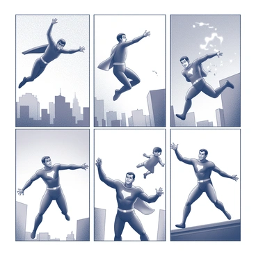 A comic strip composed of several panels. Each panel showcases a superhero in dynamic poses. In the first panel, the superhero, clad in a fitted costume, flies through a city skyline, steam rising from the streets below. The second panel shows the hero leaping to catch a falling child, displaying strength and agility. In the third panel, the superhero is seen battling a large villain, with debris flying around them, creating a sense of chaos. The final panel captures the hero standing triumphantly on a rooftop, with the cityscape stretching out behind them. The superhero's facial expression conveys determination and bravery throughout the scenes.