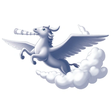 A large, majestic Nandi with a muscular build is soaring high through a sky filled with fluffy clouds. The figure of the Nandi is depicted in profile, showcasing its powerful wings spread wide as it glides effortlessly. In its mouth, it carries a series of small, rolled-up scrolls, symbolizing messages intended for the gods above. The clouds surrounding Nandi are billowy and textured, providing a sense of depth and movement in the atmosphere. The scene captures the dynamic motion of flight, emphasizing the strength and grace of Nandi as it traverses the heavenly realm.