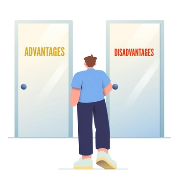 A person with short brown hair is standing in front of two closed doors. The door on the left is marked with the word "Advantages" in bold, golden letters. The door on the right is marked with the word "Disadvantages" in bold, red letters. The person is wearing a casual blue shirt and black pants, and is looking thoughtfully at both doors. There is a faint light illuminating the area around the doors, creating a subtle contrast between the two choices. The floor is a polished wooden surface that reflects the light from above, enhancing the decision-making atmosphere.