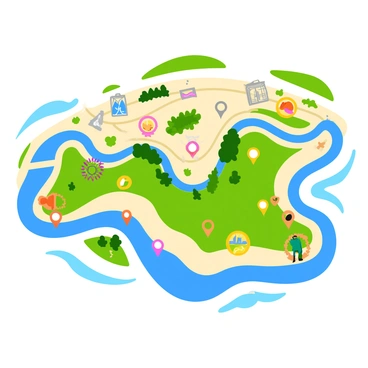 A detailed map displaying various major museums. Each museum location is marked with a distinct artistic icon, such as a paintbrush, palette, sculpture, or canvas. The map features vibrant colors, with green for parks, blue for water bodies, and a light beige for roads. Borders around each museum highlight the exact areas they cover. The background includes a simple grid layout for easy navigation, and additional landmarks like parks or historical sites are presented in smaller detail.