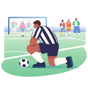A referee with medium skin and short brown hair is positioned near the goal line, kneeling to closely inspect it. He is wearing a black and white striped shirt and black shorts. The referee has a focused expression on his face as he looks down at the grass. In the background, a soccer field is visible with white lines marking the playing area. Spectators can be seen in the stands, some of them standing and holding their breath in anticipation of the decision. A soccer ball is located just inches from the goal line, emphasizing the close call.