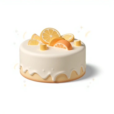 A round citrus gateau, lightly frosted with creamy white icing. The cake is decorated with bright, glossy slices of lemon and orange arranged artfully on top. The yellow and orange slices contrast vividly against the white icing. The gateau has a delicate crumb texture, with hints of zest peeking through the frosting. Surrounding the cake is a subtle shimmer, reflecting light and enhancing the fresh appearance of the citrus fruits.