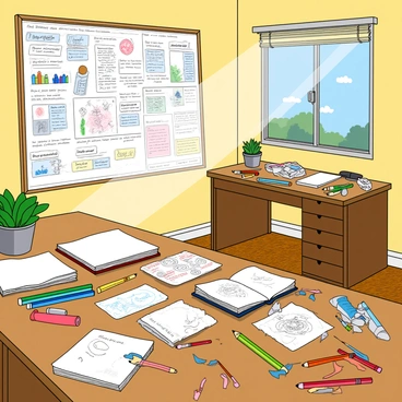 A spacious, sunny workspace filled with scattered items creating a lively atmosphere. In one corner, there is a large illustration board occupying one-third of the scene, covered in colorful sketches and notes, showcasing various artistic ideas. Surrounding the board are numerous drawing tools, including vibrant colored pencils, fine-tip markers, and brushes, all arranged in playful disarray. There is a wooden desk, partially obscured by crumpled papers and an open sketchbook with pencil doodles. A small potted plant adds a touch of greenery on the desk. Sunlight streams in through a nearby window, casting playful shadows across the creative chaos.