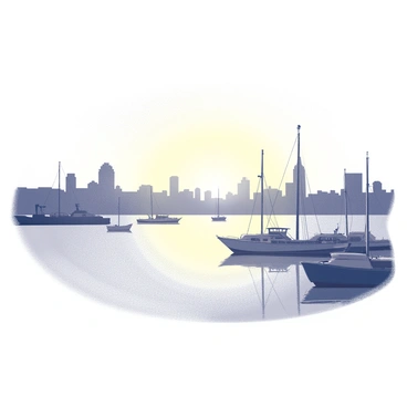 A waterfront view of Helsinki during sunset, depicting the city skyline in the background. The silhouettes of various boats are visible in the foreground. The horizon is marked by the outline of the buildings, creating an engaging contrast with the water. The scene captures the essence of evening lighting, as the sun dips below the horizon.