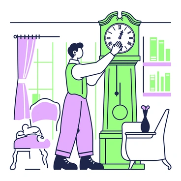 A servant is standing in a quiet drawing room, winding a tall grandfather clock. The clock features intricate carvings and a pendulum that swings gracefully. The servant, dressed in a formal attire with a waistcoat and trousers, focuses intently on the clock's key as he inserts it into the winding mechanism. Around the drawing room, there are elegant furnishings, including a plush armchair and a side table with a small vase. Soft light filters through the curtains, illuminating the delicate details of the room. A bookshelf filled with leather-bound books stands in the background, enhancing the scholarly atmosphere.