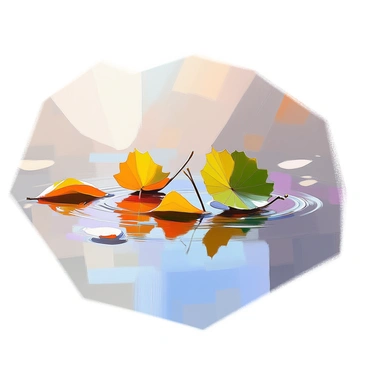 A close-up view of a puddle featuring a delicate string of leaves floating on its surface. The leaves are connected by slender threads of water, showcasing the effect of surface tension. The puddle's reflective surface mirrors the surrounding environment, capturing soft light and subtle colors. The edges of the leaves are slightly curled and glossy, while small ripples disrupt the calm water nearby. The scene conveys a sense of tranquility and connection within nature.
