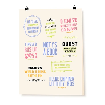 A canvas featuring a collection of famous book quotes. Each quote is displayed in unique, artistic typography, showcasing a variety of fonts and styles. The background of the canvas is a soft, neutral color to allow the typography to stand out. Each quote is framed with decorative elements, such as flourishes or borders, enhancing the visual appeal of the text. The quotes are arranged in an eye-catching layout, creating a harmonious balance between the different typographic styles.