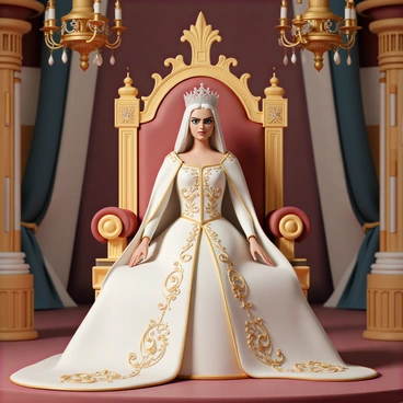 A queen, wearing an elaborate royal gown adorned with intricate gold embroidery and a long flowing cape, sits confidently on her ornate throne. Her throne is embellished with rich red velvet and golden accents. The queen has a fierce expression on her face, with narrowed eyes and pursed lips, conveying her anger. Her long hair is elegantly styled with a sparkling tiara resting atop her head. The room is filled with opulent decorations, including golden chandeliers and rich tapestries.