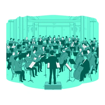 A teal orchestra is positioned on a stage in a grand concert hall, with musicians playing a variety of instruments, including violins, cellos, and brass instruments. The conductor stands at the front, guiding the performance with a baton raised high. The audience, a diverse group of individuals, is seated in rows, clapping and smiling, showing their enthusiasm for the music. The concert hall features elegant architectural details with ornate decorations, and the lights are dimmed, creating a focused atmosphere on the performers.