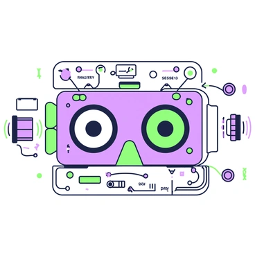 An exploded view of a VR headset showcasing its internal components. At the center, there are two circular lenses prominently displayed, surrounded by a series of small sensors arranged in a pattern around them. The headset's structural casing is visible, with various circuit boards interconnected by thin wires. Some components are labeled clearly, providing a detailed look at the wiring and circuitry. The entire composition emphasizes the complexity and technological intricacies of the VR headset.