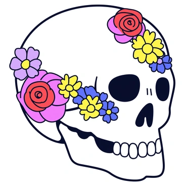 A detailed human skull with intricate features, including defined cheekbones and a visible jawline. The skull is adorned with vibrant flowers in various colors, including red roses, yellow daisies, and purple violets. The flowers are intertwined with the skull, with some petals resting on the surface while others seem to grow out of the eye sockets. The composition highlights a contrast between the hard texture of the skull and the soft, delicate petals of the flowers.