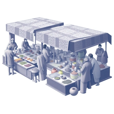 A vibrant marketplace set in ancient India. Stalls are laden with an array of colorful textiles, displaying intricate patterns and designs. Various spices are arranged in small containers, creating an inviting scene filled with an assortment of shapes and textures. Pottery items of different sizes and styles are showcased, ranging from small decorative pieces to larger vessels. Merchants can be seen engaging with customers, some haggling over prices. The atmosphere is lively, with people moving around, examining goods, and enjoying the sensory experience of the market.