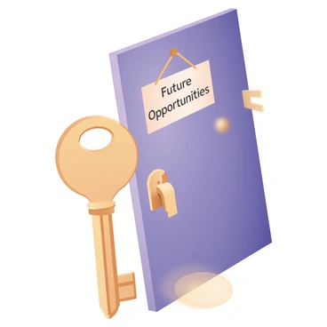 A digital flat illustration featuring a large, intricately designed golden key that is positioned in the act of unlocking a door. The door is prominently displayed and has a sign that reads "Future Opportunities" in bold, clear lettering. The keyhole of the door is gleaming, reflecting light from the key, creating an impression of anticipation. The door itself is a vibrant shade of blue, contrasting with the shiny gold of the key, while the surroundings include hints of a bright pathway leading to the door, symbolizing new beginnings.