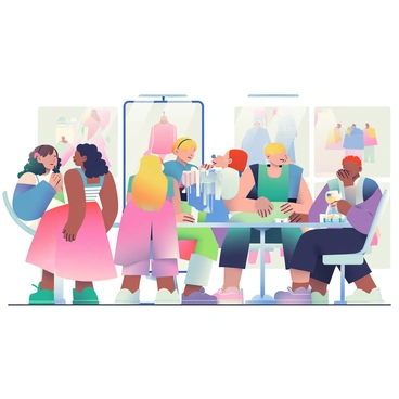 A group of diverse models is busy backstage at a fashion show. One model with curly black hair is standing in front of a large mirror adjusting her makeup, while another model with straight blonde hair is chatting with a stylist who is holding a rack of elegant dresses. A stylist with short red hair is arranging accessories on a table, including necklaces and earrings. Several makeup artists are applying makeup to models, with brushes and palettes scattered around. There are bright lights illuminating the area, and large posters of the fashion designs line the walls, creating an atmosphere of excitement and anticipation.