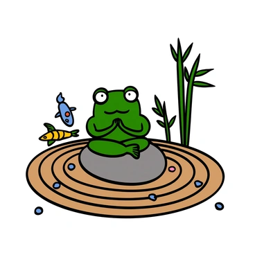 A small green frog with big eyes sitting cross-legged on a smooth rock. The frog has a serene expression, its eyes gently closed in deep concentration. Surrounding the rock is a beautifully raked sand pattern in the zen garden, with small pebbles scattered around. Delicate bamboo plants and a few colorful koi fish can be seen in the background. The atmosphere conveys a sense of calm and tranquility.