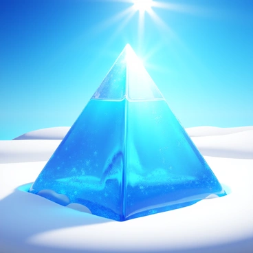 A pyramid structure made entirely of transparent ice, reflecting and refracting light. The surface of the ice is smooth and shiny, showcasing intricate crystalline patterns. The pyramid is surrounded by a snow-covered landscape, with a bright blue sky overhead. Rays of sunlight illuminate the ice, causing it to glisten and sparkle. The scene captures the contrast between the cold ice and the warmth of the sunlight.