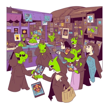 A vibrant market scene filled with goblins eagerly trading cards. The goblins are various shades of green and brown, wearing colorful clothing adorned with trinkets. Each trading card showcases intricate designs and images of fantastical creatures, glowing with magical sparks. The market is bustling, with stalls covered in colorful fabrics displaying an array of cards. Other goblins are engaged in animated discussions, some pointing at the cards in their hands. The air is filled with excitement and energy as the goblins negotiate trades.