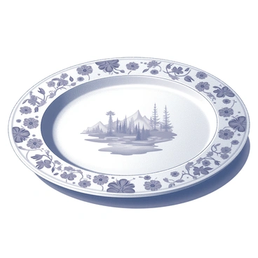 A round ceramic plate resting on a flat surface. The plate features a detailed floral border that encircles its edge, filled with intricate patterns of flowers and leaves. In the center of the plate, there is a nature motif depicting elements such as trees, mountains, or wildlife, carefully illustrated with fine lines and delicate details. The entire design showcases a harmonious blend of the floral and natural elements, enhancing the overall aesthetic of the plate.