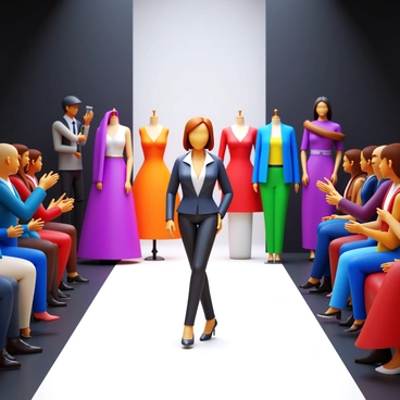 A designer standing on a runway, showcasing their collection of elegant clothing. The designer is wearing a stylish outfit, confidently presenting the garments to an audience. The collection features various dresses, jackets, and accessories, each with unique designs and vibrant colors. Bright lights illuminate the runway, and photographers are capturing the moment. The audience is filled with fashion enthusiasts, some clapping and others taking notes.