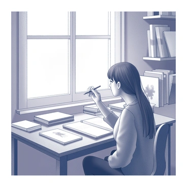 An artist sitting at a wooden desk, gazing thoughtfully out of a large window. The artist has a pencil held delicately above an open sketchbook, which lies flat on the desk. Natural light streams through the window, illuminating the scene. The artist's expression reflects deep concentration as they appear to be lost in thought, surrounded by various art supplies scattered across the desk. The room has a cozy atmosphere, with books and sketches adorning the walls.