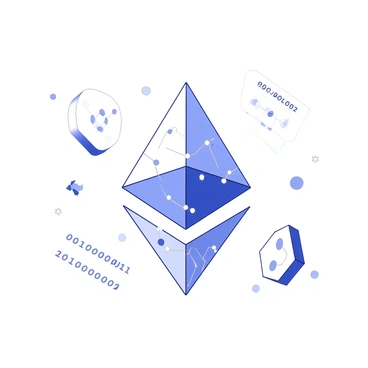 A representation of the Ethereum logo, designed using various digital elements. The logo is composed of interconnected circuits, with intricate lines and nodes forming its triangular shape. Surrounding the logo are additional digital motifs, such as binary code sequences and geometric patterns, enhancing the technological theme. The overall composition is balanced, with the logo positioned at the center, drawing attention to its geometric precision.