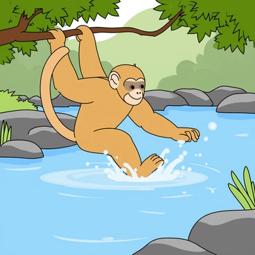 A playful gibbon with light brown fur is splashing in a crystal-clear river, sending droplets of water flying into the air. The gibbon is swinging from a low-hanging branch above the river while reaching out with one hand to touch the water. The river has smooth stones visible beneath its surface, and a few leafy green plants line the riverbank, creating a natural habitat. The sunlight filters through the trees, casting dappled shadows on the water and the gibbon.