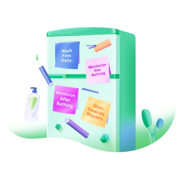 A modern pastel illustration of a refrigerator covered in colorful magnetic notes. Each note displays a daily foot care practice in clear, bold text. One note reads "Wash Feet Daily" in vibrant blue, while another states "Moisturize After Bathing" in soft pink. A third note features "Trim Toenails Regularly" in cheerful yellow. Surrounding the notes are doodles of foot care items, such as a bottle of lotion, a nail clipper, and a soft brush. The fridge itself is a light mint green, adding to the overall bright and inviting atmosphere.