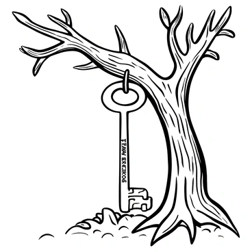 A key with the word "freedom" engraved on its shaft, hanging from a sturdy tree branch. The branch is textured with intricate bark patterns, and several leaves are scattered around it. The ground below is covered with a layer of fallen leaves, creating a natural setting for the key. The light filtering through the tree creates a delicate interplay of shadows around the key.