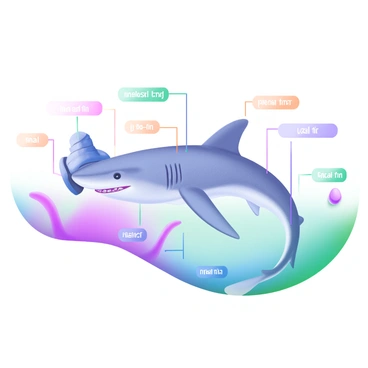 A modern pastel illustration depicting a detailed diagram of a hammerhead shark. The shark is oriented sideways, showcasing its distinct hammer-shaped head. Various fins are labeled, including the dorsal fin, pectoral fins, pelvic fins, anal fin, and caudal fin, each marked with clear, colorful labels. The background features soft pastel waves, enhancing the aquatic theme, while the hammerhead shark is designed with a gradient of light gray and blue tones.