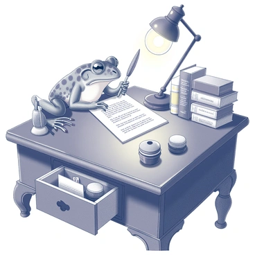 A frog seated at a Victorian-style writing desk. The frog has a quill grasped in one of its webbed hands, poised over an open parchment adorned with handwritten text. The desk is intricately carved and features a number of small compartments filled with ink pots and additional writing tools. Surrounding the desk, shelves packed with various books create a cozy atmosphere, their spines displaying ornate titles. A classic oil lamp casts a warm glow, illuminating the frog and the richly detailed wooden surface of the desk.