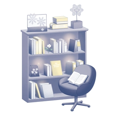 A bookshelf organized with various books displayed prominently. The arrangement highlights selected titles with their covers facing outward, showcasing a range of genres. Surrounding the books are seasonal decorations, including intricate "snowflakes" hanging from the top and small decorative "flowers" placed on the shelves. The setting creates a cozy atmosphere with warm lighting illuminating the books and decorations. An inviting chair is positioned nearby, suggesting a comfortable reading nook.