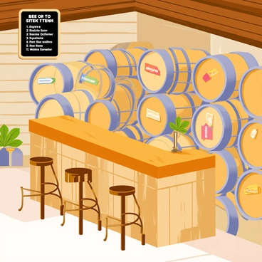 A small craft brewery featuring a rustic interior with wooden barrels stacked against the walls. Each barrel is labeled with distinct beer types, showcasing colorful tags. The scene includes an ornate wooden bar in front of the barrels, with a few stools arranged around it. Warm light illuminates the space, highlighting the textures of the wood and the vibrant labels on the barrels. A chalkboard menu hangs behind the bar, listing the beers available for tasting.