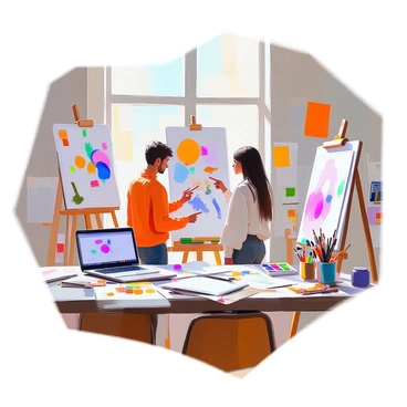 An artist's workspace is filled with various sketches pinned to the walls and scattered across the table. There are several digital devices, including a tablet and a laptop, displaying colorful designs and art programs. Art supplies such as paintbrushes, pencils, and an array of paints are organized neatly on a nearby shelf. In the center of the space, two individuals are engaged in a consultation, discussing ideas while pointing at sketches. A large window allows natural light to illuminate the workspace, enhancing the vibrant colors of the art.