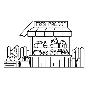 A cheerful farmstand located by the roadside, featuring a wooden stall with a thatched roof. The front of the stall is adorned with various baskets filled with fresh produce, including ripe tomatoes, vibrant bell peppers, and leafy greens. Jars of homemade goods such as jams and pickles are neatly arranged on a shelf. There is a sign above the stall reading "Fresh Produce" in large letters. A wooden crate nearby is overflowing with freshly picked apples. A rustic wooden fence lines the roadside, and a clear blue sky is visible in the background.