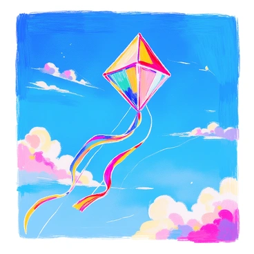 A kite is soaring high in a clear blue sky. The kite is shaped like a diamond and features bright colors, including red, yellow, green, and blue. It has a long rainbow tail that is fluttering and waving in the wind. Below the kite, there are a few wispy clouds drifting across the sky. The sun is shining brightly, illuminating the vibrant colors of the kite and its tail.